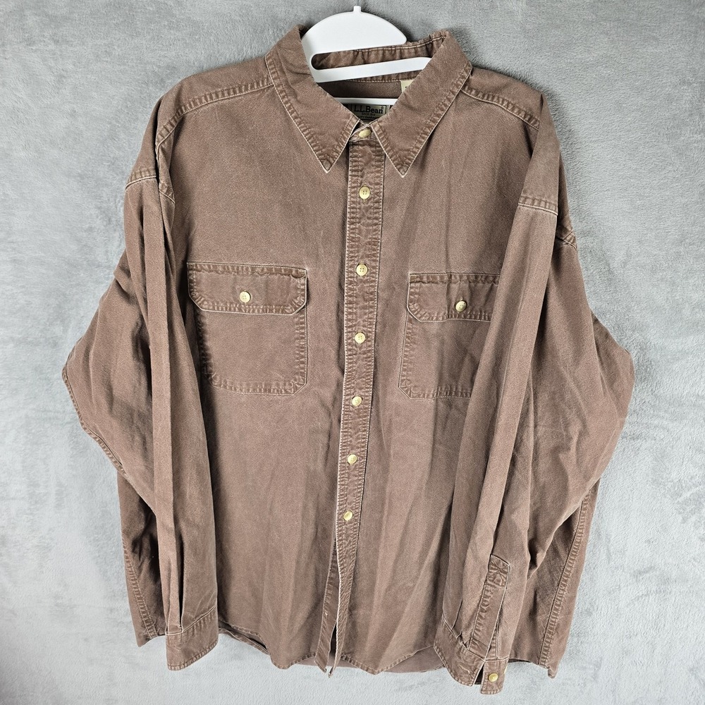 Vintage LL Bean Canvas Button Down Brown Shirt Size Large Long Sleeve